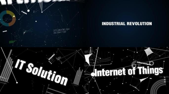 自动化、IT解决方案、虚拟现实、人工智能、物联网。文本动画 “工业革命”