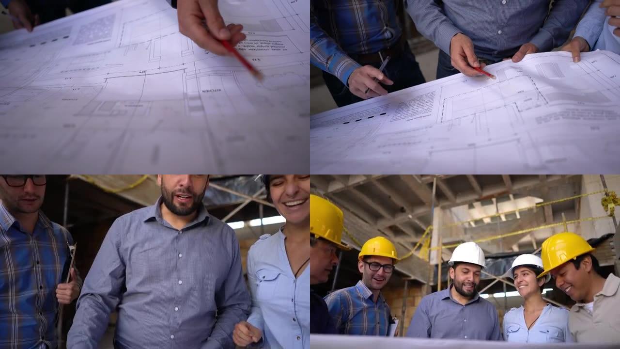 一群建筑工地的专业人士一边看着蓝图一边聊天，看起来都很开心，面带微笑