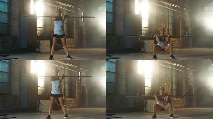 强壮的运动女性在运动服装举起沉重的杠铃和做深蹲作为她的健身训练的一部分。健身房在改造工厂。