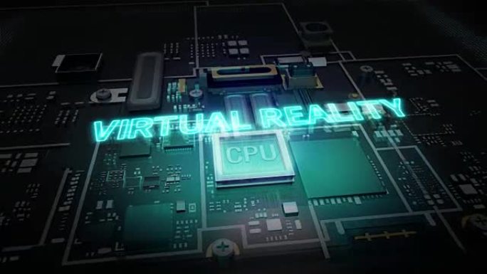 CPU电路，人工智能技术上的全息图错字 “虚拟现实”。