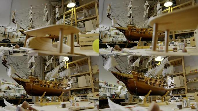 木工车间的木制玩具和船舶模型