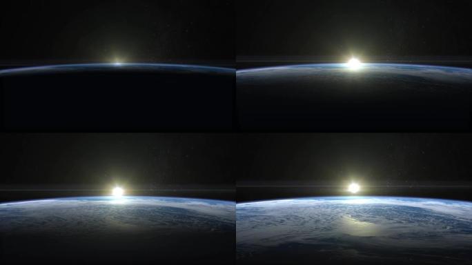 地球上空的日出。地球缓慢旋转。现实的氛围。体积云。从太空看。星空。4K。