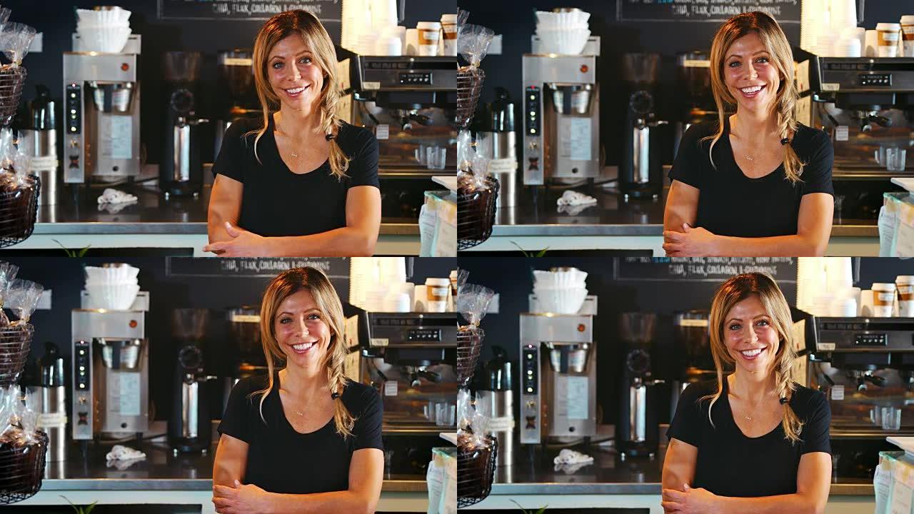 咖啡店柜台后面的女咖啡师肖像