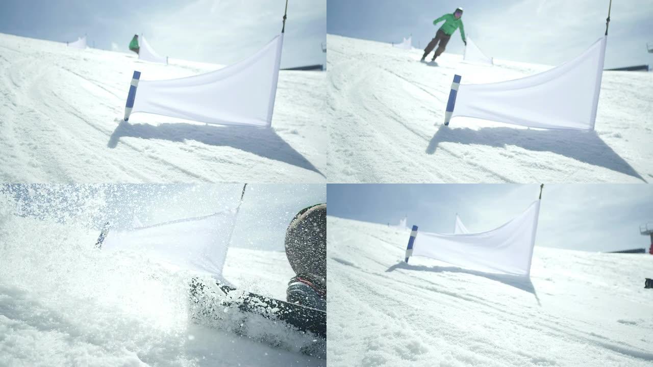 慢动作: 激流回旋滑雪板在大门之间比赛