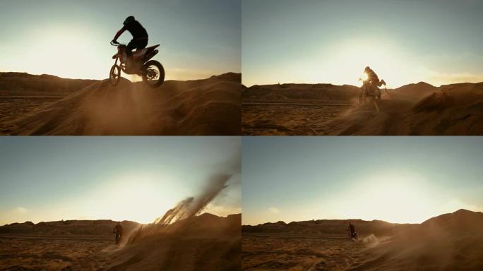 专业摩托车越野赛摩托车骑手跳过沙丘和越野赛轨道。这是《日落》，赛道上布满了烟雾。