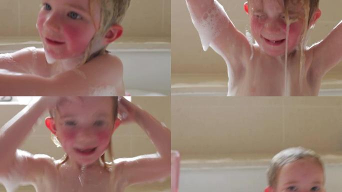小女孩在泡泡浴中洗头