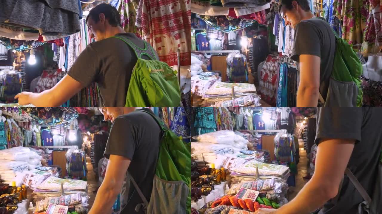 高加索人在柬埔寨市场寻找纪念品