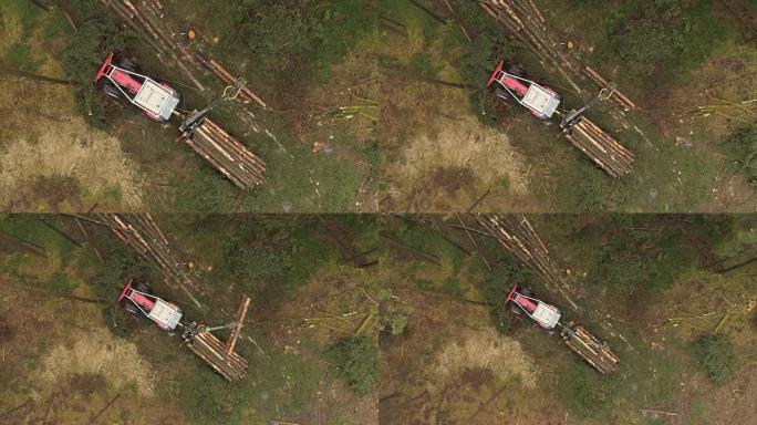 空中伐木车提升切割的砍伐原木并将其装载到堆叠的拖拉机上
