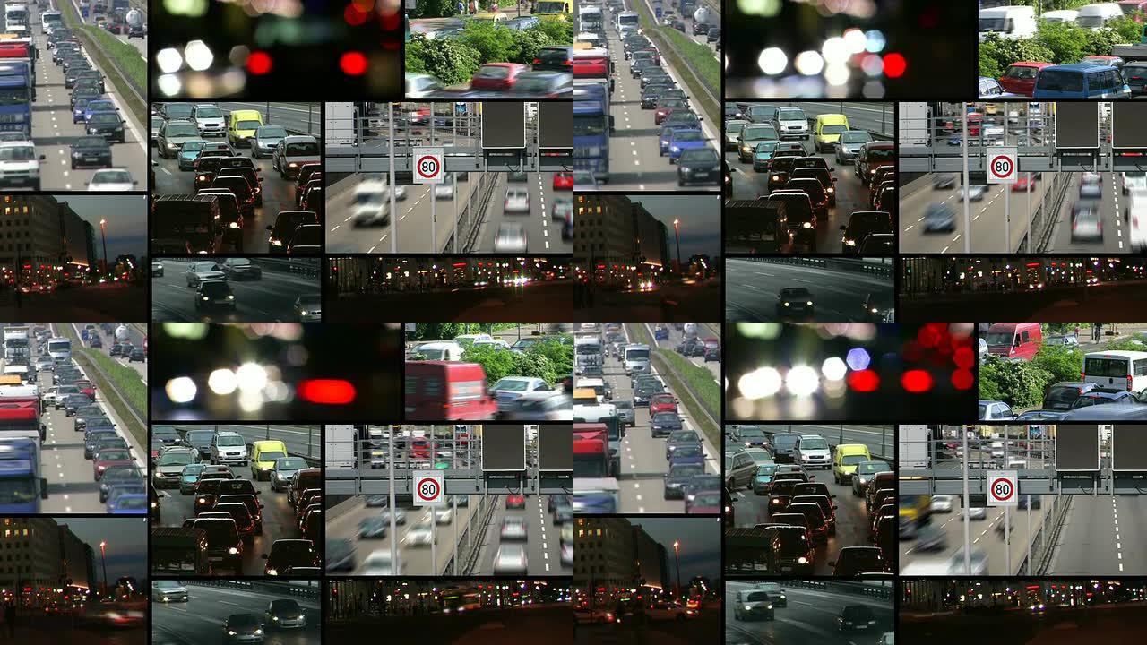 蒙太奇-车辆众多交通监控视频九宫格画面车