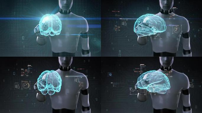 机器人，机器人触摸数字大脑，点连接大脑形状，数字显示界面中的数字线，成长未来的人工智能。2