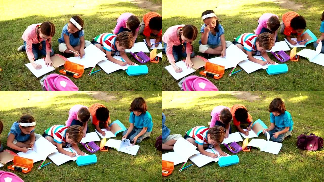 小学生在草地上做作业