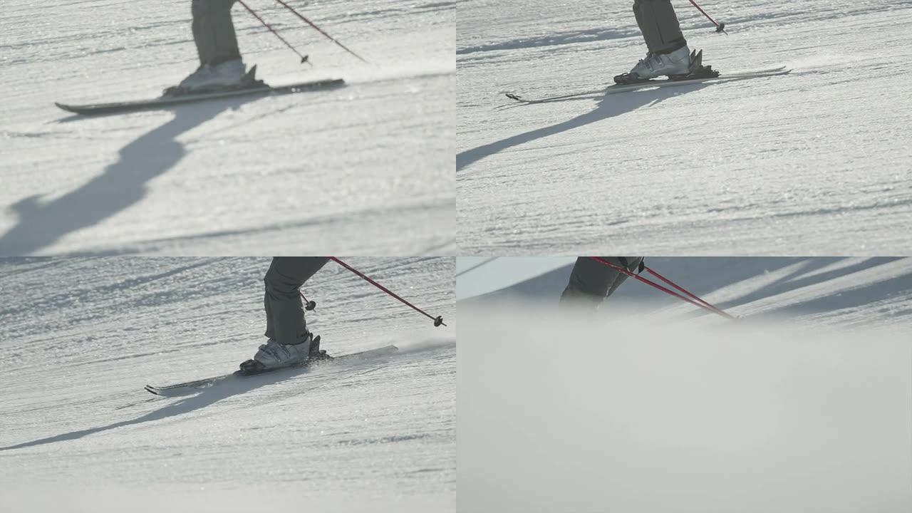 特写: 滑雪者在阳光明媚的山区度假胜地滑雪