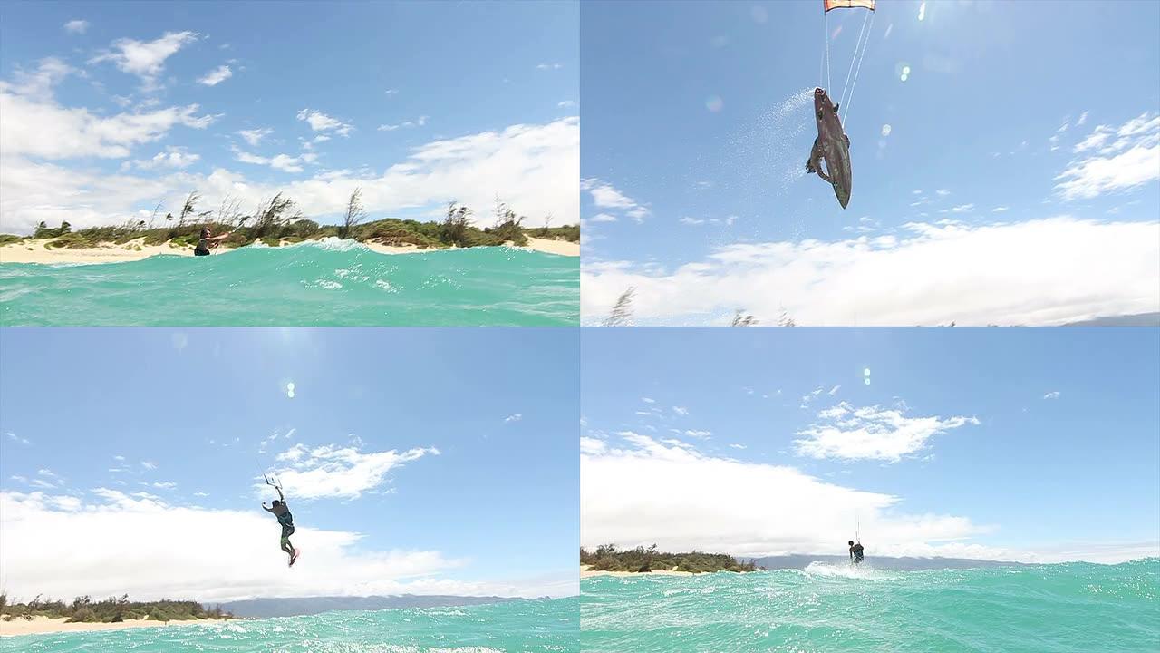 慢动作男子在海洋中的风筝冲浪
