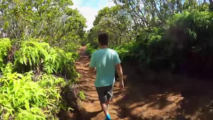 年轻人沿着土路徒步旅行，带领夏威夷山区郁郁葱葱的丛林