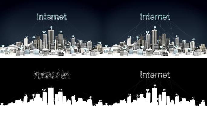 智能城市上的东西wi-fi图标，连接网格错字 “互联网” 概念。