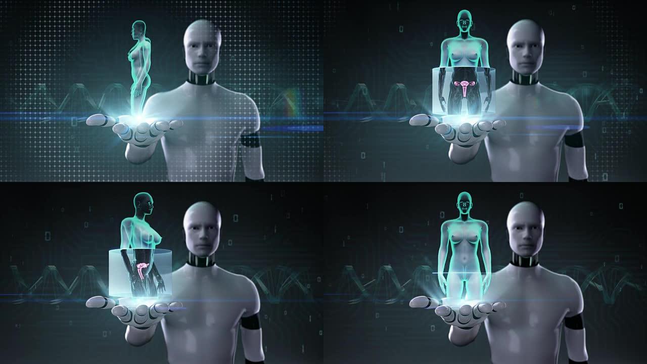机器人打开手掌，放大女性身体扫描子宫，x光图像。