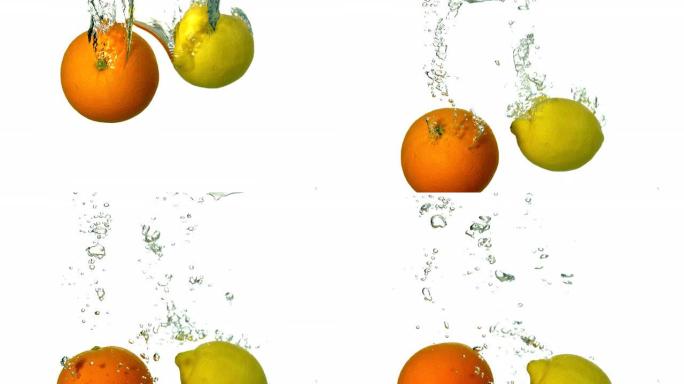 橙色和柠檬在白色背景下陷入水中