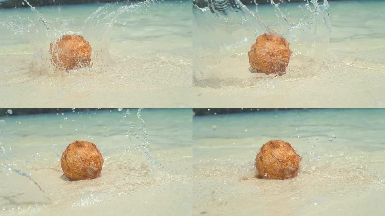 慢动作: 毛茸茸的椰子掉入浅海水中，洗净沙滩。
