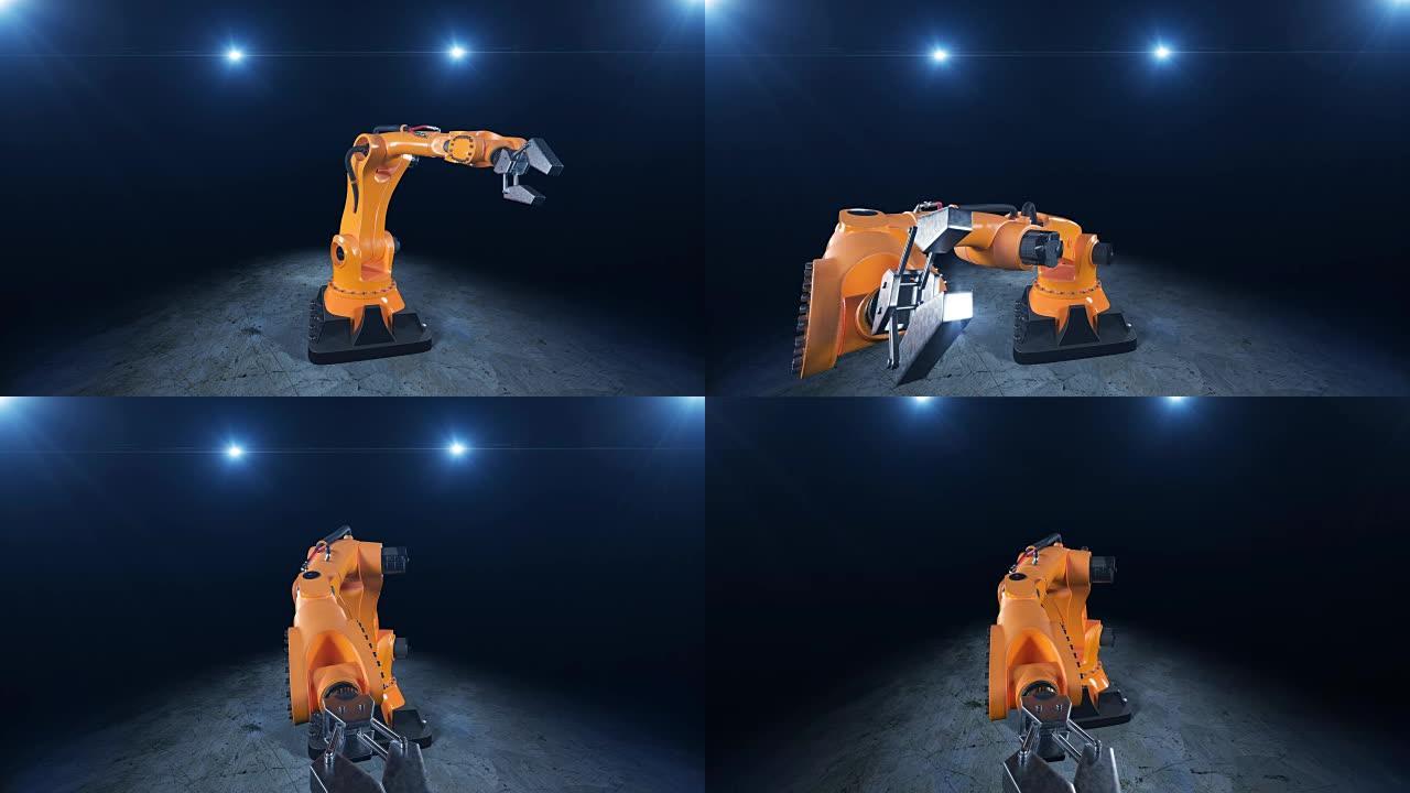 美丽的机器人手臂用相机演示它的动作。3d动画。商业、技术和工业概念。