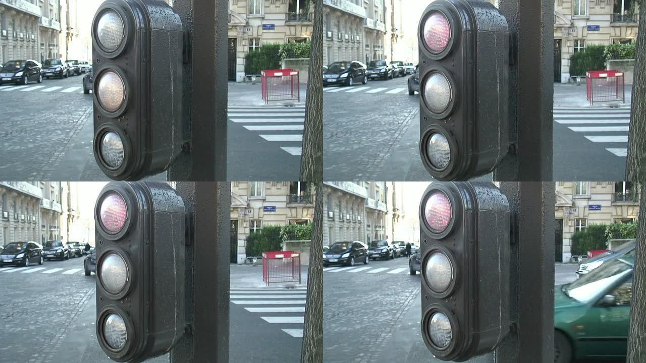 (HD1080i)巴黎:司机级交通灯由绿转红