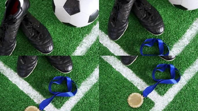 足球，奖牌和人造草上的防滑钉4k