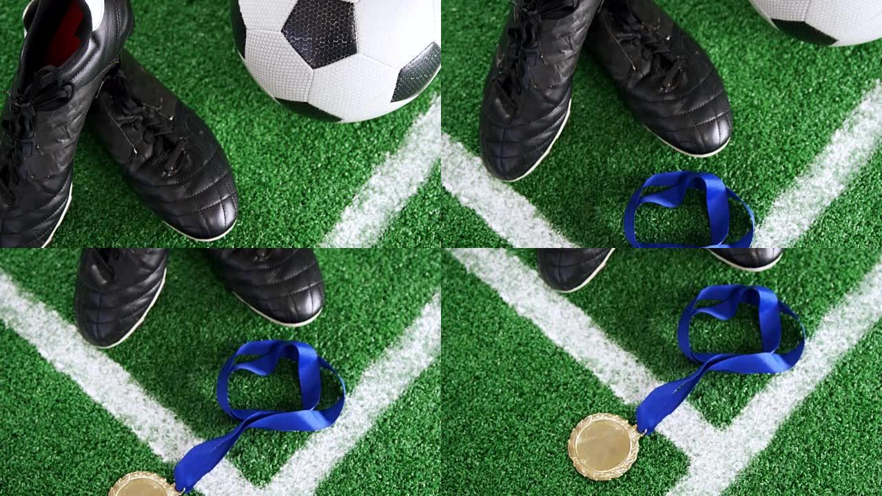 足球，奖牌和人造草上的防滑钉4k