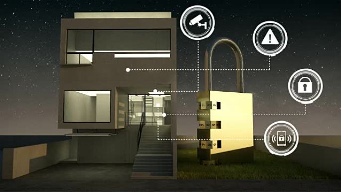 智能家居、智能家电、物联网上的物联网安全信息图形图标。夜。4K。