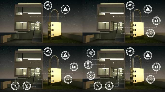 智能家居、智能家电、物联网上的物联网安全信息图形图标。夜。4K。