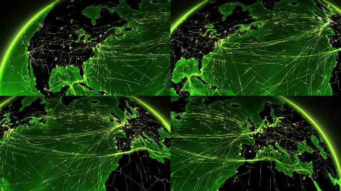 地球连接。北美-欧洲。空中、海上、地面路线/国家边界。