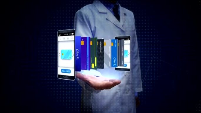 研究员，工程师，医生打开手掌，在智能手机中选择信用卡，移动，移动支付的概念，选择主要的移动信用卡。