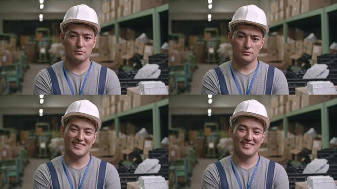 微笑的亚洲工厂工人肖像