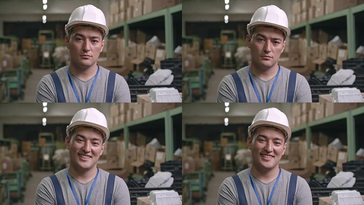 微笑的亚洲工厂工人肖像