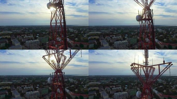 在居民区对电信无线电塔桅杆进行空中无人机拍摄。