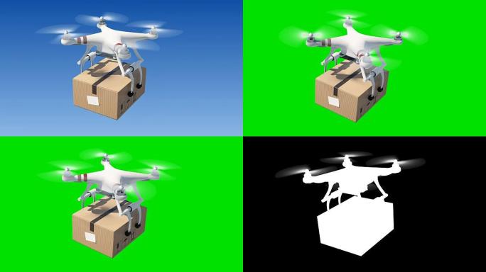 四轴飞行器在蓝天下运送包裹。具有绿色屏幕和Alpha蒙版的无缝3d动画。现代交付概念。