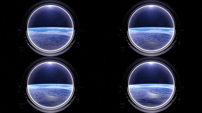 空间站在地球上方的飞行。国际空间站正在绕地球运行。从国际空间站的圆窗看到的地球。现实的氛围。星空。星