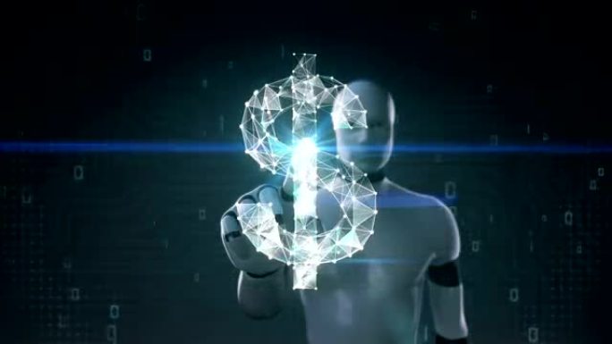 机器人，半机械人触摸屏幕，无数点聚集在一起，创建一个美元货币符号。