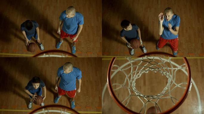 高清: 十几岁的男孩与教练一起练习篮球