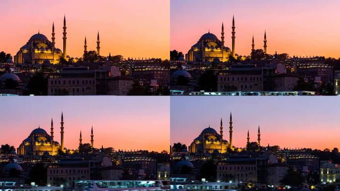 缩小苏莱曼尼耶清真寺的延时视图，旅游船夜间漂浮在伊斯坦布尔的博斯普鲁斯海峡