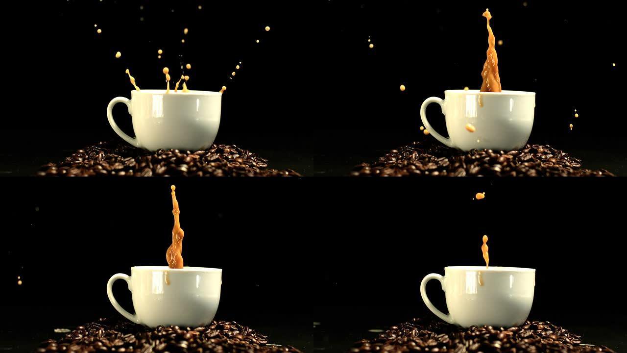 方糖掉落在咖啡杯中并飞溅
