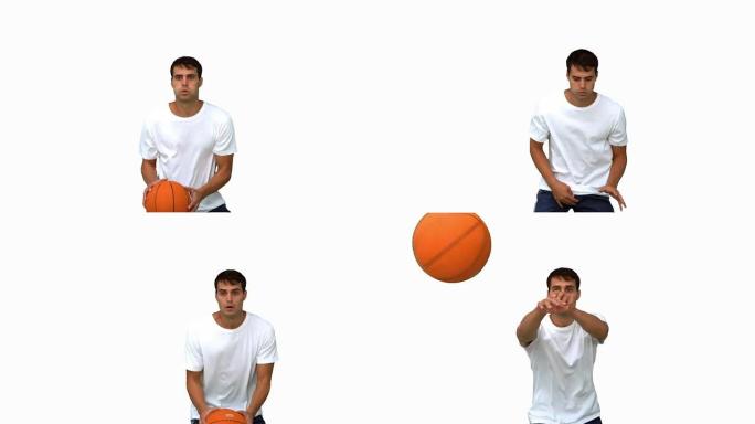 男子在白色屏幕上接球并投掷篮球