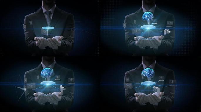 商人打开两个手掌，连接数字大脑，人工智能的设备。物联网。4k电影。