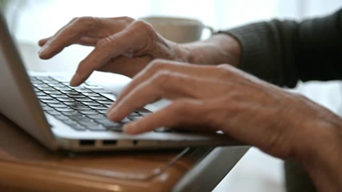 动手在笔记本电脑上打字的老年妇女