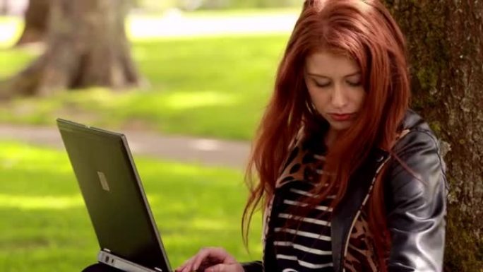 公园里用笔记本电脑的漂亮红发女郎