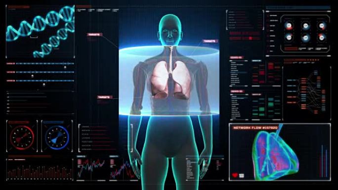 旋转人类女性肺，数字显示仪表板中的肺诊断。