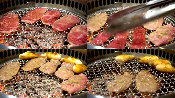 Yakiniku餐厅的4k延时日本烧烤牛肉。