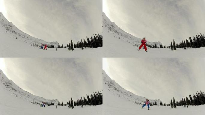 年轻女孩滑雪下山