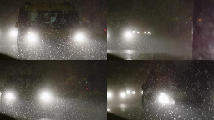 慢动作: 夜间暴风雪中繁忙的高速公路