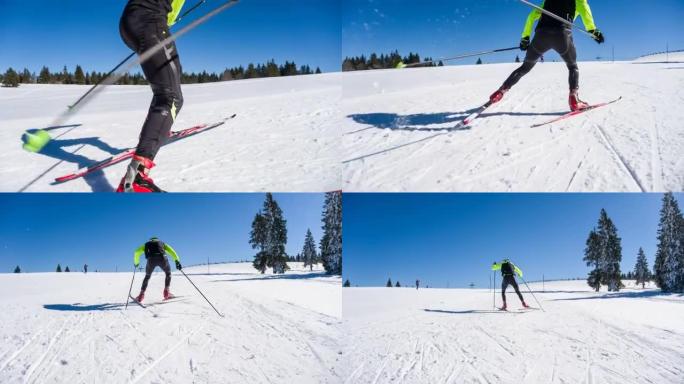 越野滑雪运动员在阳光明媚的冬日上坡滑雪