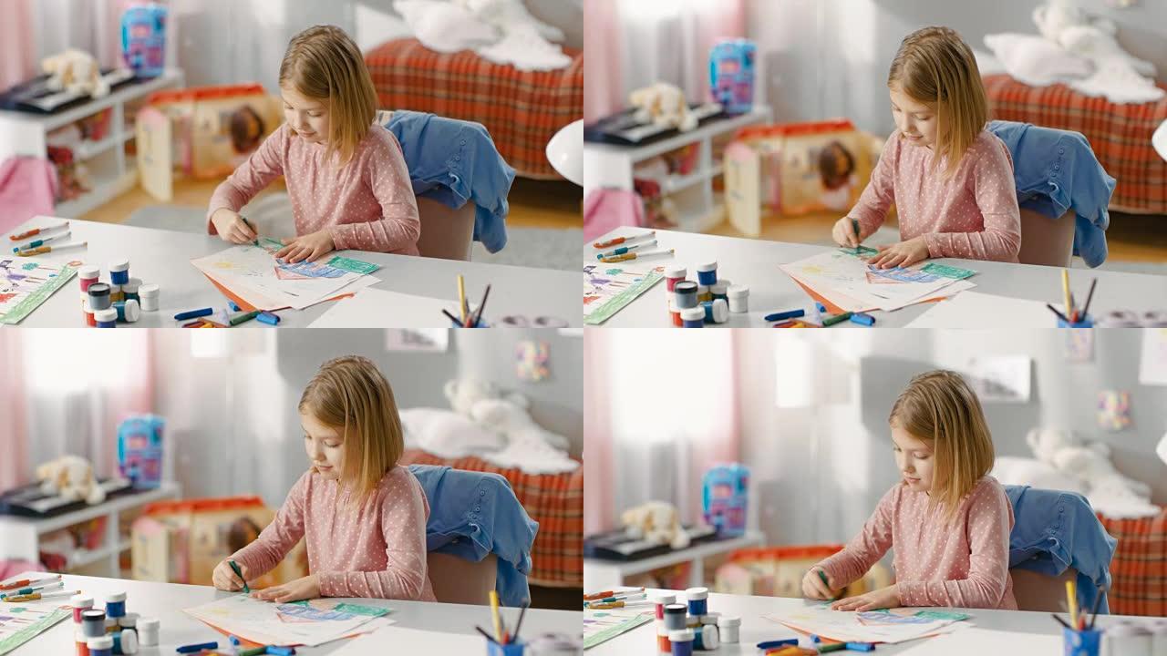房间里有才华的小女孩用蜡笔画画。