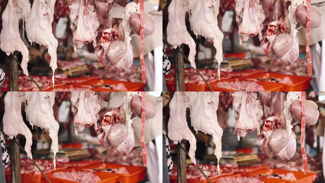 肉类市场柜台上的新鲜切好的牛肉或猪肉肉店